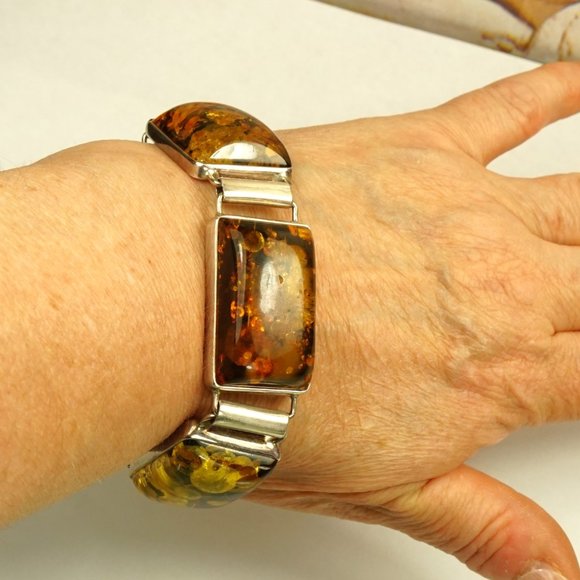 AMBER and 925 SILVER HEAVY LINK BRACELET 8 inch, Chunky BRACELET, UNISEX GIFT - Picture 5 of 10